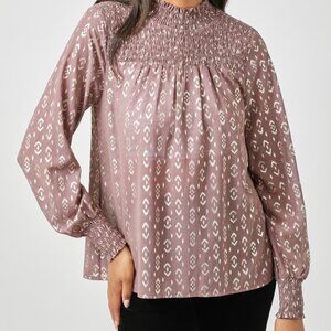 MYSTREE Smocked High Neck Blouse, Mauve Ikat Print Long Sleeve Top